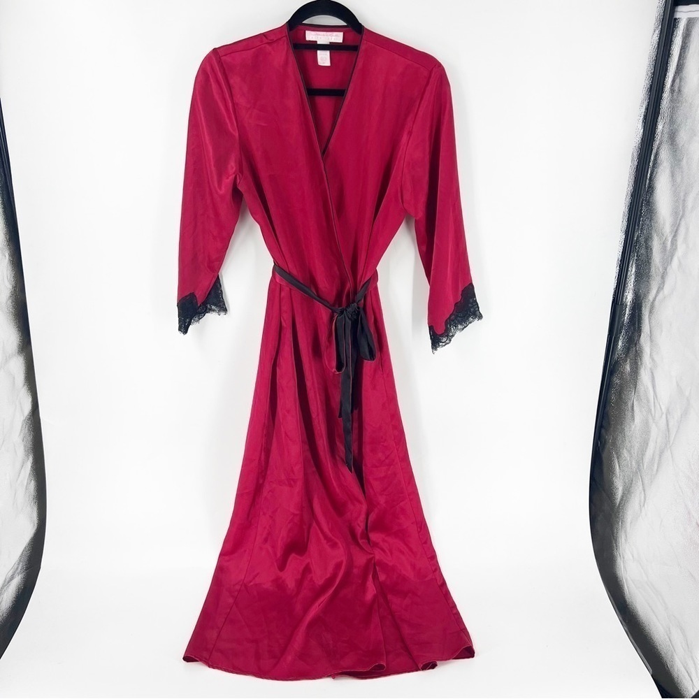 ✅ OSCAR DE LA RENTA PINK LABEL ROBE RED WITH BLACK LACE SIZE MEDIUM